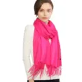 Women solid color bright pink fringed scarf winter warm shawl wrap fashion accessory - Hot Pink