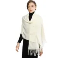 Solid color cashmere-like winter fringe shawl, elegant wrap for wedding, daily warm wear. - Off White