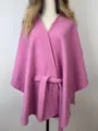 Solid pink imitation cashmere cape with waist belt, elegant winter shawl for women. - Pink