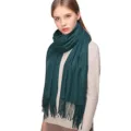 Solid green tassel imitation cashmere scarf, elegant autumn winter warm shawl for women. - Dark Green