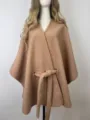 Camel faux cashmere poncho with belt, stylish women's autumn winter cape outerwear. - Light Coffee