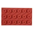 Red silicone baking mold with 18 circular cavities for making mini donuts and pastries. - 18-Cavity Donut Silicone Cake Mold