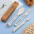 Portable wheat straw tableware set includes spoon fork knife with storage box for outdoor use. - Nordic Beige