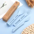 Portable wheat straw tableware set including spoon, fork and knife for kids and school use. - Nordic Blue
