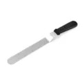 Stainless steel offset cake spatula with black ergonomic handle for baking and cake frosting. - 8-Inch Offset Spatula