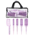 Professional purple hair brush set with curling roller combs, curved brush and clear bag. - PVC Bag / Purple 5-Piece Set