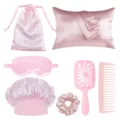 Ensemble de soins capillaires en satin rose avec taie bonnet brosse peigne masque. - Ensemble de 7 Pièces de Soins Capillaires / Rose