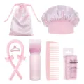 Princess pink hair styling set including heatless curlers, satin bonnet, and combs for hair. - Pink