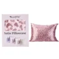 Luxurioser pinker Leopardenmuster-Satinkissenbezug mit passender Box fur Haarpflege. - Leopard Rosa / Kartonverpackung
