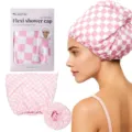 Satin gefütterte Duschhaube für Damen mit langem Haar, rosa-weiße karierte Badekappe wasserdicht. - Rosa Gummiband / Geschenkbox