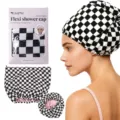 Schwarz-weiße karierte Satin-Duschhaube, wasserdichte große Haarpflegehaube für Damen. - Schwarz Gummiband / Geschenkbox