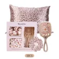 Set per la cura dei capelli in raso stampato leopardato, federa, elastici e spazzola per capelli. - Scatola regalo / Kaki