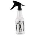 Transparante kapper sprayfles van kunststof met zwarte pomp en maataanduiding voor salon gebruik. - Schaarmotief / Groot 500ml / Transparant