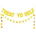 Gold glitter treat yo self banner party decorations with circle dot garland for celebration events. - Set DFQ537+DFQ147