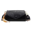 Black leather crossbody shoulder bag with stylish wooden bead pendant and wide strap variant - With Charm / Black Single Thin Shoulder Strap