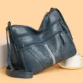 Dark blue soft leather women shoulder bag large capacity casual crossbody handbag with rhinestones - Lake Blue