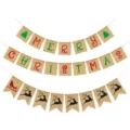 Burlap Christmas banner with Merry Christmas text, reindeer and tree flags for party decor. - Set: DFA105 Christmas Tree MERRY CHRISTMAS Square Banner + DFA15 Sleigh Reindeer Swallowtail Banner