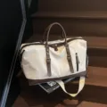 Sac de voyage en toile grande capacité sac de bagage week-end avec bordure en cuir marron - Blanc Cassé
