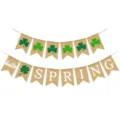 St. Patrick's Day Spring Burlap Banner Clover Hello Spring Swallowtail Party Hanging Decor - Set: DFL07 Shamrock Burlap Flag + DFO83 Hello Clover Spring Fishtail Banner
