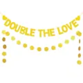 Gold glitter party banner with Double The Love text and circle dots garland for wedding decor. - Set DFQ546 + DFQ147
