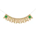 Close-up detail of Hawaii party burlap swallowtail banner with ALOHA letter print. - Aloha Monstera Leaf Banner
