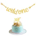 Gold glitter wild one banner and cake topper set for baby first birthday party decor. - Banner and Cake Topper Set