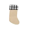 Christmas stocking detail showing the imitation burlap body and black-and-white plaid cuff. - DFA213 Black and White Faux Linen Natural Color Christmas Stocking Gift Bag / Colorful