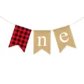 Burlap buffalo plaid 1st birthday banner detail, rustic party hanging bunting decoration. - DFD171 Red & Black Plaid "ne" Swallowtail Banner
