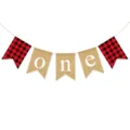 Detail view of the buffalo plaid and burlap banner featuring the letter one for birthday. - DFD172 Red & Black Plaid "one" Swallowtail Banner
