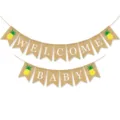Detail view of burlap welcome baby banner with cute pineapple prints for party decor. - DFD138 Pineapple Welcome Baby Swallowtail Banner
