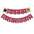 Red and black buffalo plaid birthday party banner with burlap flags, bear and axe decor. - Bear and Axe Lumberjack Style (DFE11) / Bear HAPPY Axe BIRTHDAY