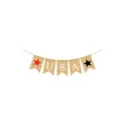 Burlap USA banner party decoration with stars and letters, perfect for holidays and events. - Star USA Swallowtail Banner (DFI016)