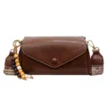 Retro brown women's crossbody shoulder bag with geometric woven strap and chic wooden bead charm. - With Charm / Yellow-Brown Single Thin Shoulder Strap