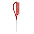 Professional metal tail highlighting comb with fine teeth for hair styling and coloring salon use. - Red