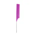 Close-up detail view of professional purple salon tail comb with metal pin and fine teeth. - Purple