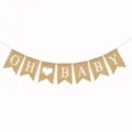 Burlap banner with white OH BABY letters and heart, perfect for baby shower and party decor. - DFD07 Oh Heart Baby Swallowtail Banner