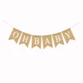 Close-up detail of the rustic burlap OH BABY swallowtail banner for party decor. - DFD08 Oh Baby Swallowtail Banner