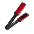 V-shaped hair straightening brush with bristles, red and black handheld styling tool for home use. - Red (PVC Box)