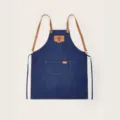 Blue denim canvas apron with brown leather straps and multi-pocket design for kitchen work. - One Size / Dark Blue