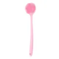 Pink long handle silicone bath brush body scrubber for daily shower cleaning and back massage. - Pink