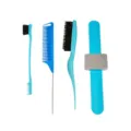 Hair salon tool set including edge brush, tail comb, styling brush, and magnetic wristband. - Blue
