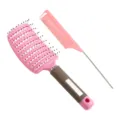 Pink curved hair brush and tail comb set for daily hair styling and detangling care. - Two-Piece Set / Pink