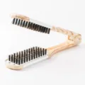 Wooden handle V-shaped hair straightener brush with natural boar bristles for styling. - White