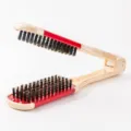 V-shape hair straightening brush with wooden handle and boar bristles for styling. - Red