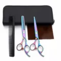 Set professionnel de ciseaux de coiffure arc-en-ciel et effileur avec peigne et étui en cuir. - Trempé