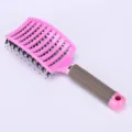 Pink curved vent hair brush with natural boar bristles for fluffy styling and daily hair care. - OPP Bag / Pink With Bristles