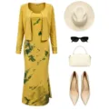 Ensemble élégant de cardigan long et robe à imprimé tie-dye jaune avec accessoires. - S / Jaune