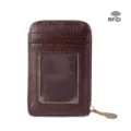 Damen vertikale Litschi Muster Mini RFID Kartenetui mit transparentem Fenster braun - Kaffeebraun