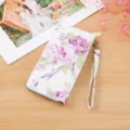 Damen lange Blumen Druck PU Leder Geldbörse Clutch Handgelenk Tasche mit Reißverschluss. - Lila