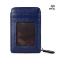 Blue litchi pattern mini vertical accordion card holder with RFID blocking and zipper closure. - Dark Blue